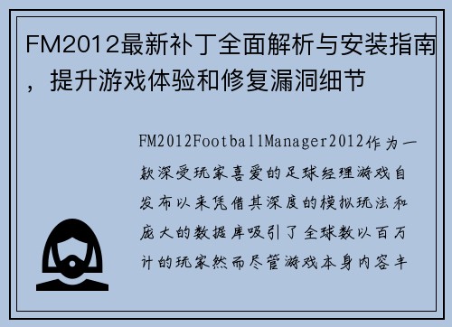 FM2012最新补丁全面解析与安装指南，提升游戏体验和修复漏洞细节